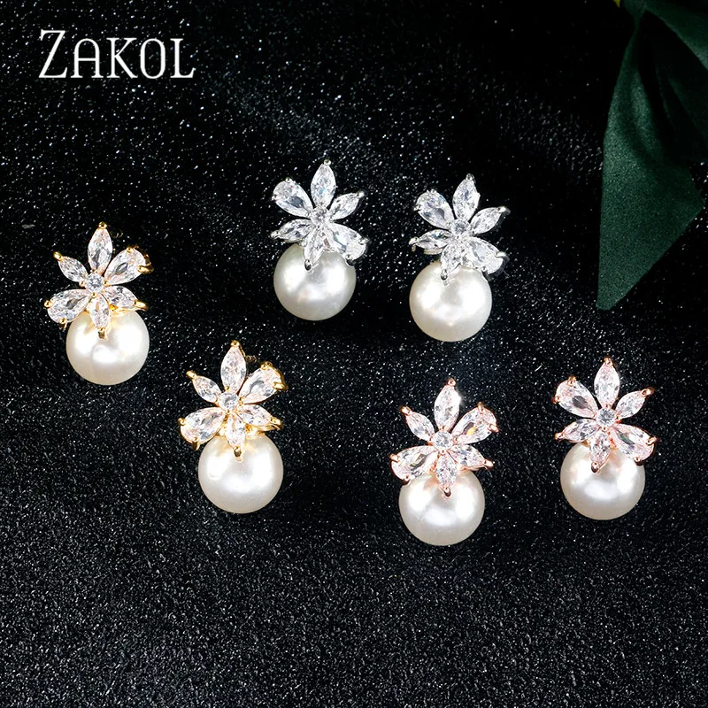 ZAKOL Fashion Cute Exquisite Flower Stud Pearl Crystal Earings White AAA Zircon For Women Jewelry Wedding Party Gifts FSEL859