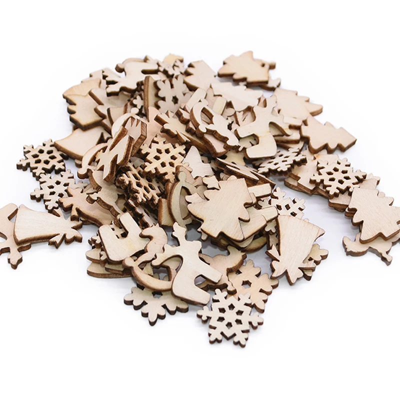 

100pcs Christmas Serie Mini Wooden Confetti DIY Craft Christmas Tree Hanging Ornament Pendant Home Christmas Table Scatter Decor