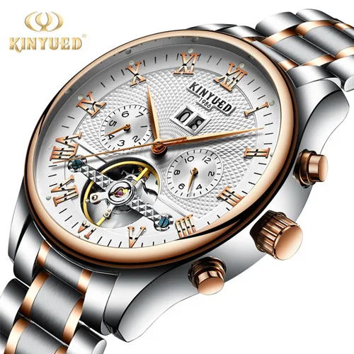 Gold white KJ012 ste Механические Мужские часы KINYUED Skeleton Tourbillon, автоматические, классические, розовое золото, кожа, механические наручные часы, Reloj Hombre - Цвет: Gold white KJ012 ste