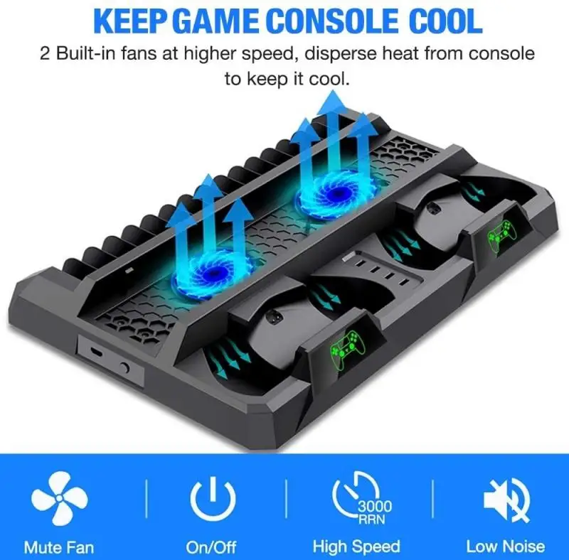 Вентилятор охлаждения для PS4/PS4 Slim/PS4 Pro с двойным контроллером и зарядным