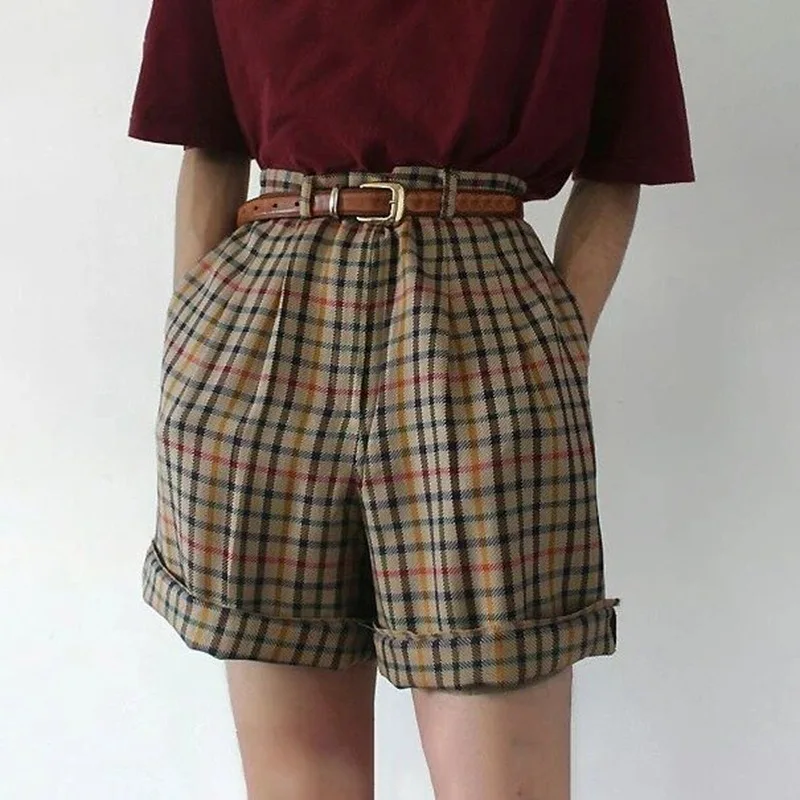 Brown Plaid High Waisted Cargo Shorts Women Metal Straight Femme Summer Casual Punk Streetwear Cortos Mujer | Женская одежда