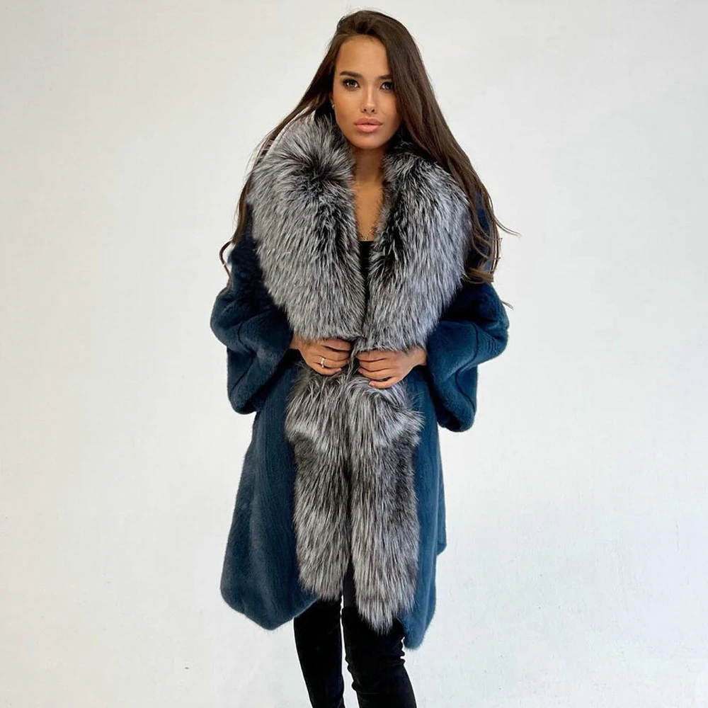 Pink Color Natural Women Mink Fur Coats with Silver Fox Fur Long Collar Winter Fashion 2022 New Full Pelt Mink Fur Coat Genuine