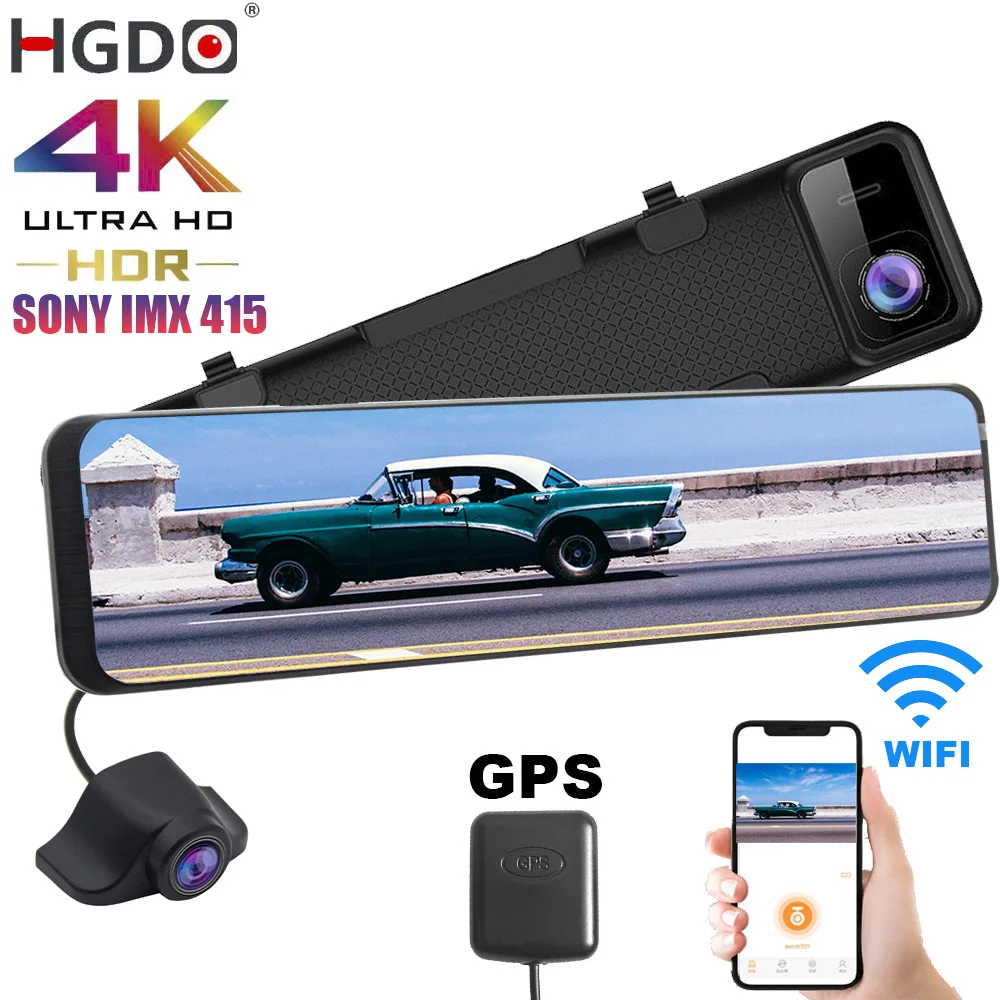 HGDO 12'' 4K WIFI Car DVR 3840&times;2160P Camera Video Recorder Sony IMX415 HiSilicon Rear View Mirror Camera Dash Cam GPS Registrar