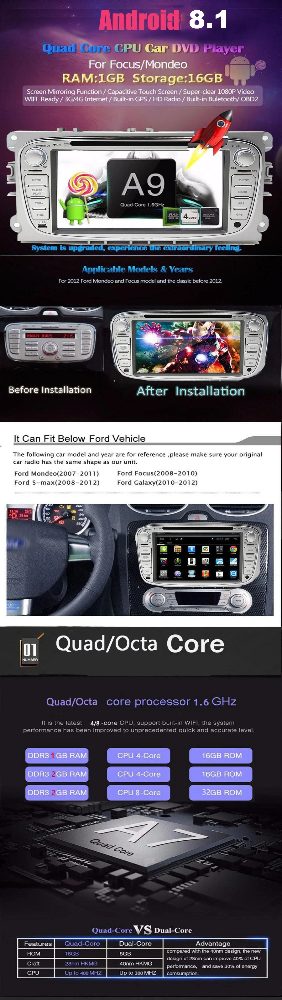 2 Din Quad/Octa Core Android 8,1 автомобильный dvd-плеер радио gps навигация с стерео wifi головное устройство для Ford Focus 2008-2010
