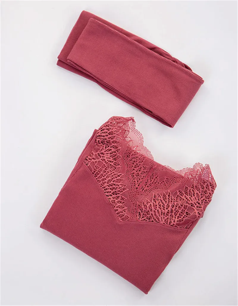 Bean Red Sexy Lace Thermal Underwear For Women Winter Long Johns Set Bodycon Slim Thermal Clothing V-Neck Second Female Skin Inner Wear - Цвет: Bean Red