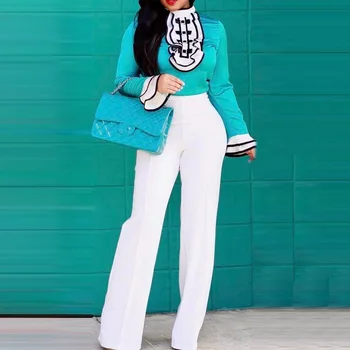 

Fashion Office Two Piece Blouse Pants Sets Women Outfits 2020 Autumn Long Sleeve High Waist Trousers White Black Shirts Suits