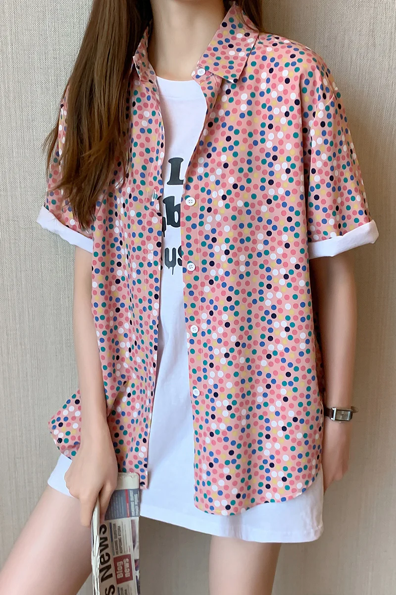 2020 Summer Print Polka Dot Printed Loose Big Size Pink Green Oversized Shirt Women Blouse Fashion Streetwear Tee Shirt Femme