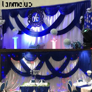 

3M x 6M White Color Ice Silk Wedding Backdrop with Royal Blue Swag Stage Background Drape Curtain Wedding Decoration