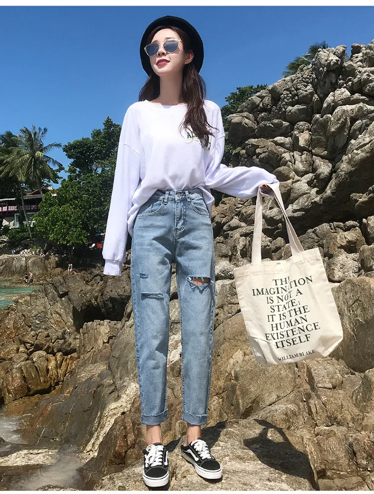 Весенняя одежда, стиль, джинсы с дырками, женский свободный светильник, прямой крой, CEC Online Celebrity Dad Radis
