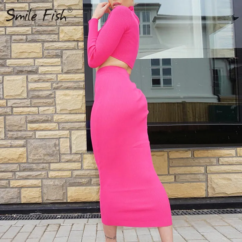 

Turtleneck Two Pieces Set Short Crop Top Pencil Skirt Fashion Party Club Women's Sets 2019 Autumn Ladies Stretch Tracksuit GV840