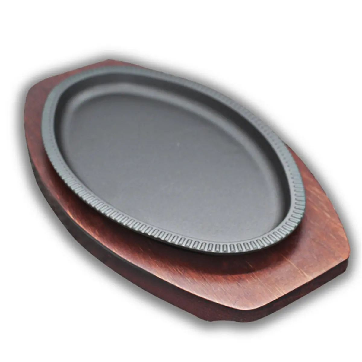 Cast Iron Sizzling Iron Steak Platter w/ Wooden Tray 