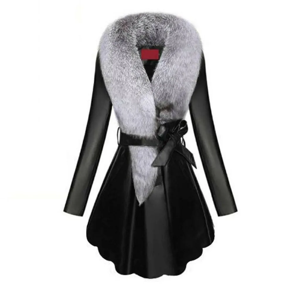 

Women Coat Plus Size Cotton Jacket Slim PU Fur Fox Fur Collar Female Winter Warm Coat Bow Female Coat Fur Collar Coat