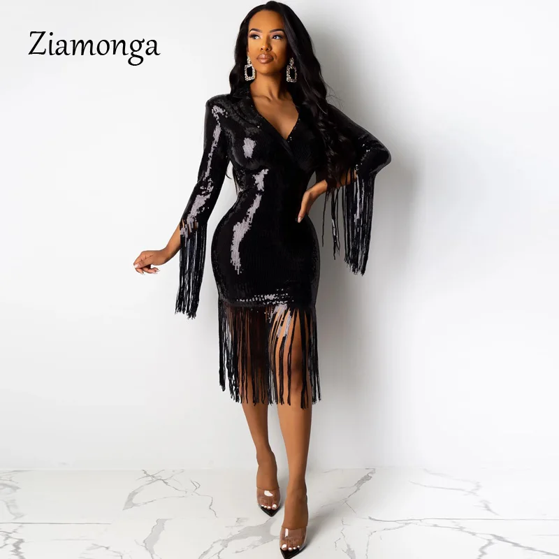 Ziamonga, золотые Блестящие Блестки, кисточки, сексуальные платья для вечеринок, женское Бандажное платье с длинным рукавом, элегантное Клубное платье, Прямая поставка