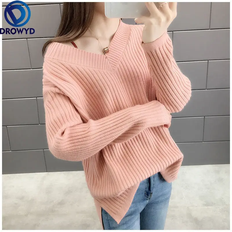 

Fashion V-neck Sweater Womens Winter Fashion Ladies Pink Knitted Clothes 2021 Autumn Popular American Stripe Straps Cotton Tops