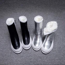 Snow Boots New Women's Winter Shoes Thick Sole Plaforms Ankle Botas Round Toe Thick Plush Warm Cotton Shoe Side Zip Silver Black