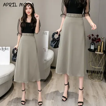 

Fashion Spring Autumn 2020 Formal OL Style Women Long Skirts Button High Waist Elegant Harajuku A-Line Mid-Calf Skirt Female