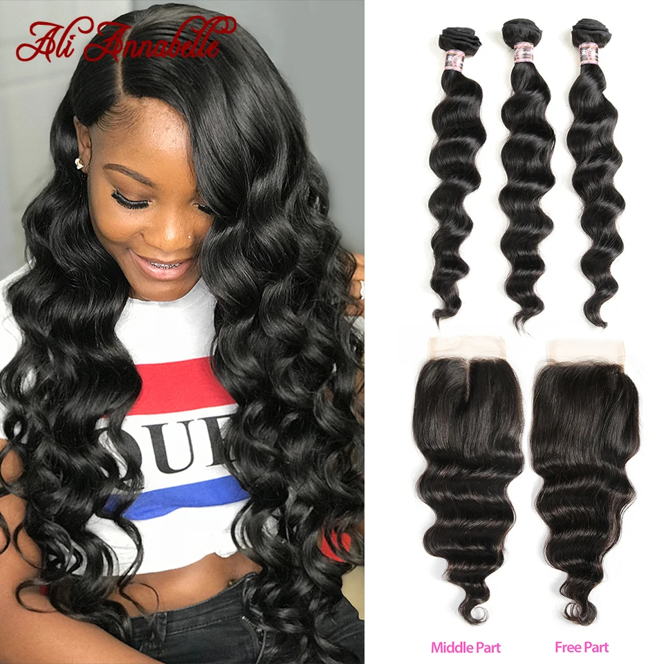 Extensiones de pelo ondulado brasileño, mechones de pelo humano Remy con cierre, 4x4, encaje HD, 3 uds.