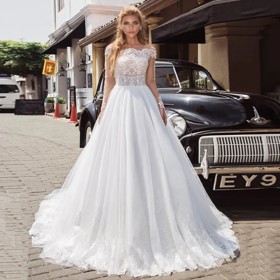 

Illusion Long Sleeves Wedding Dresses Vestido De Noiva Scoop Neck Delicate Lace Applique A-line Robe De Mariage Wedding Dress