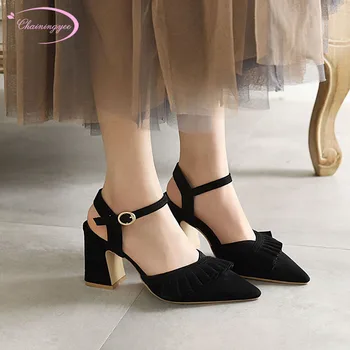 

Sweet style sexy pointed toe flock summer sandals fashion ruffles belt buckle high heel chunky with women's shoes big size