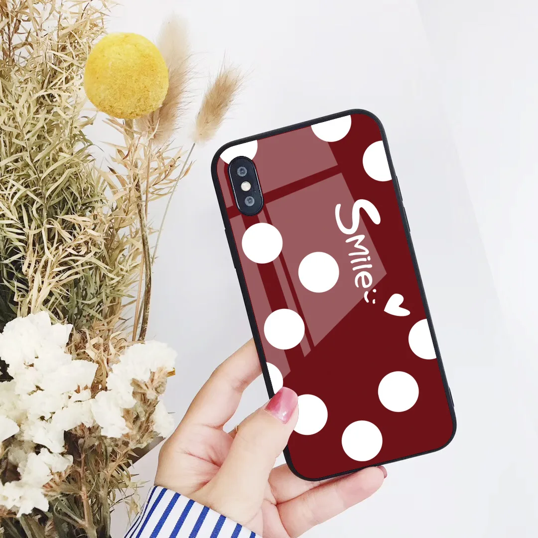 Для iPhone 11 Pro Max XS MAX XR XS i8 i8 Plus i7 i7 Plus защитный чехол из закаленного стекла с винно-красным узором в черный горошек для iPhone 6 6s Plus