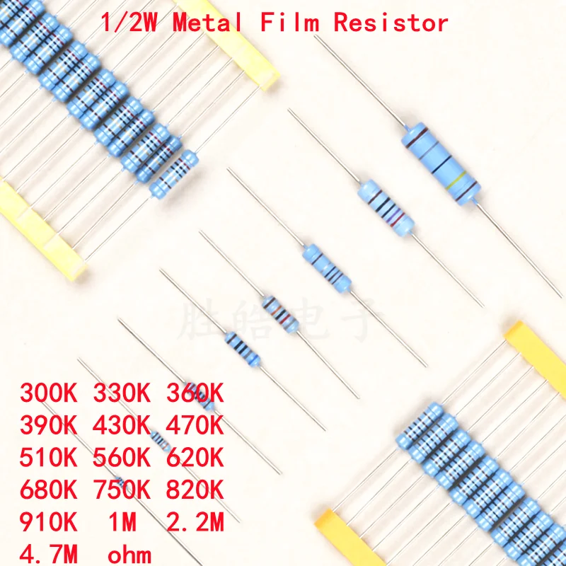 50pcs 1/2W Metal Film Resistor 1% 300K 330K 360K 390K 430K 470K 510K 560K 620K 680K 750K 820K 910K 1M 2.2M 4.7M Ohm