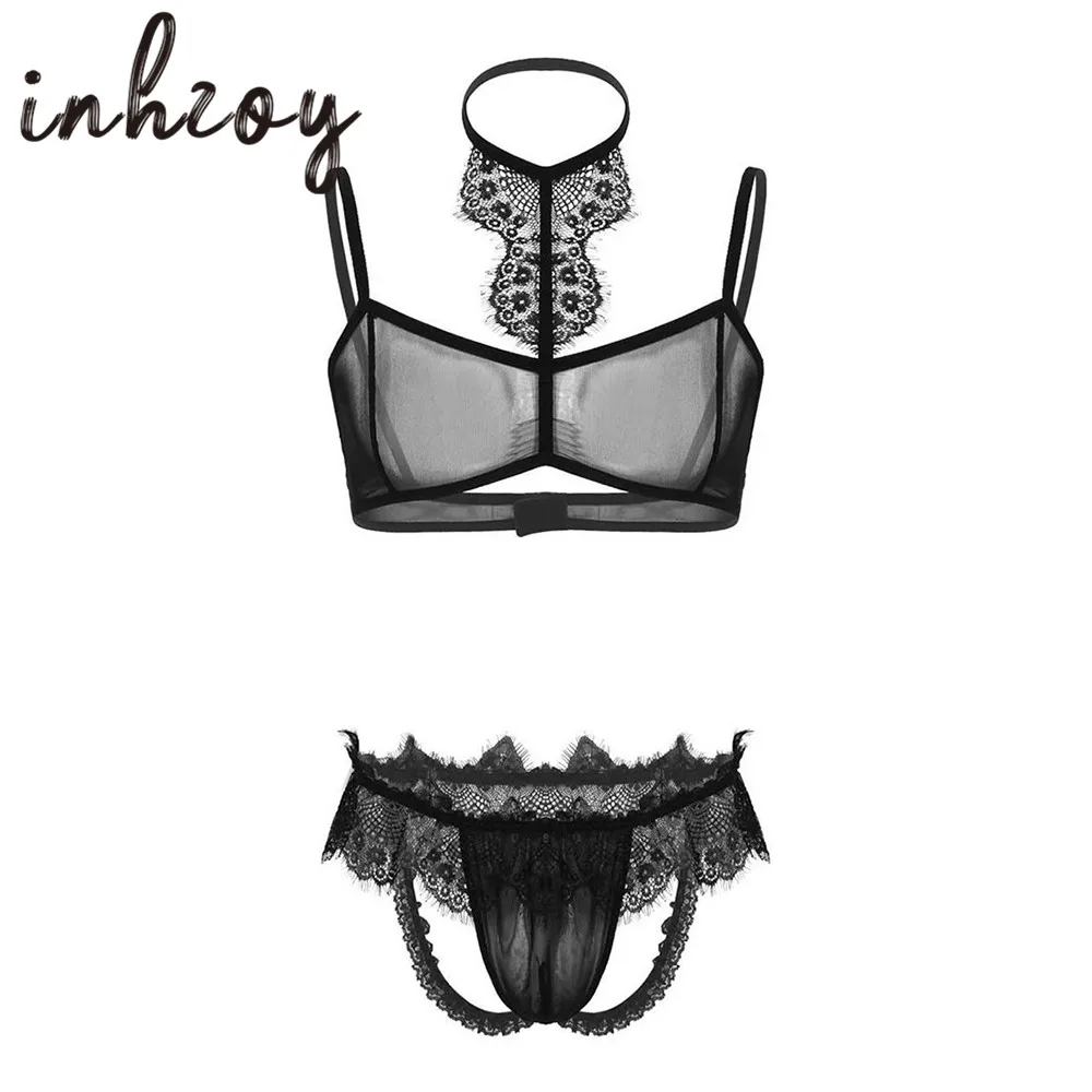 

Hot Sexy Men Crossdressing Erotic Lingerie Set See Through Sheer Mesh Lace Bra with G-strings Male Sissy Panties Gay Underwear