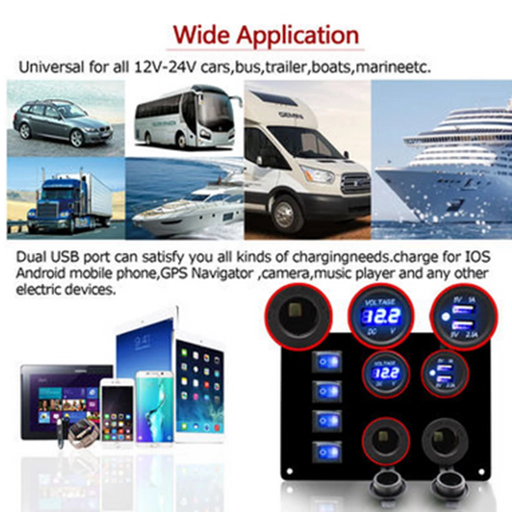 Car Marine Switch Panel, Boat Rocker Switch Panel, 4 Gang With Voltmeter/5V 2.1A 2-Charger/ Lighter