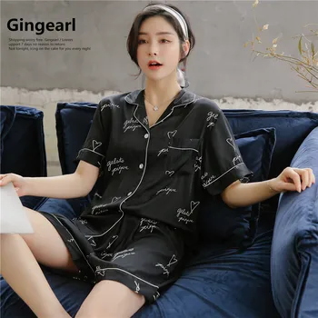 

Fiklyc Women's Short-Sleeved Shorts Home Service Suit Cardigan Women's Ice Silk Pajamas Two-Piece
