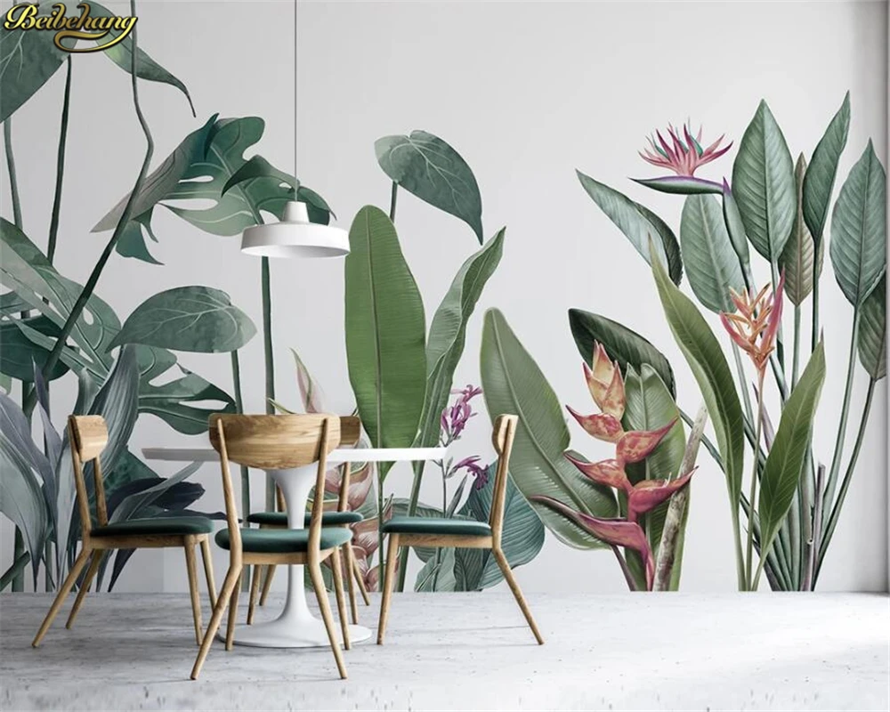 beibehang Custom wall paper mural nordic hand painted small fresh tropical plant flowers and birds background mural 3d wallpaper