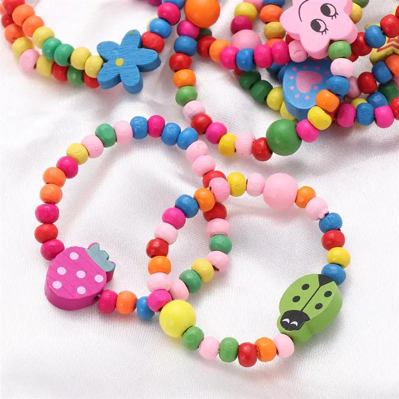 10/12pcs Party Bag Natural Wood Bracelet Kids Party Gift Elastic Wooden Beads Bracelet Children Girls