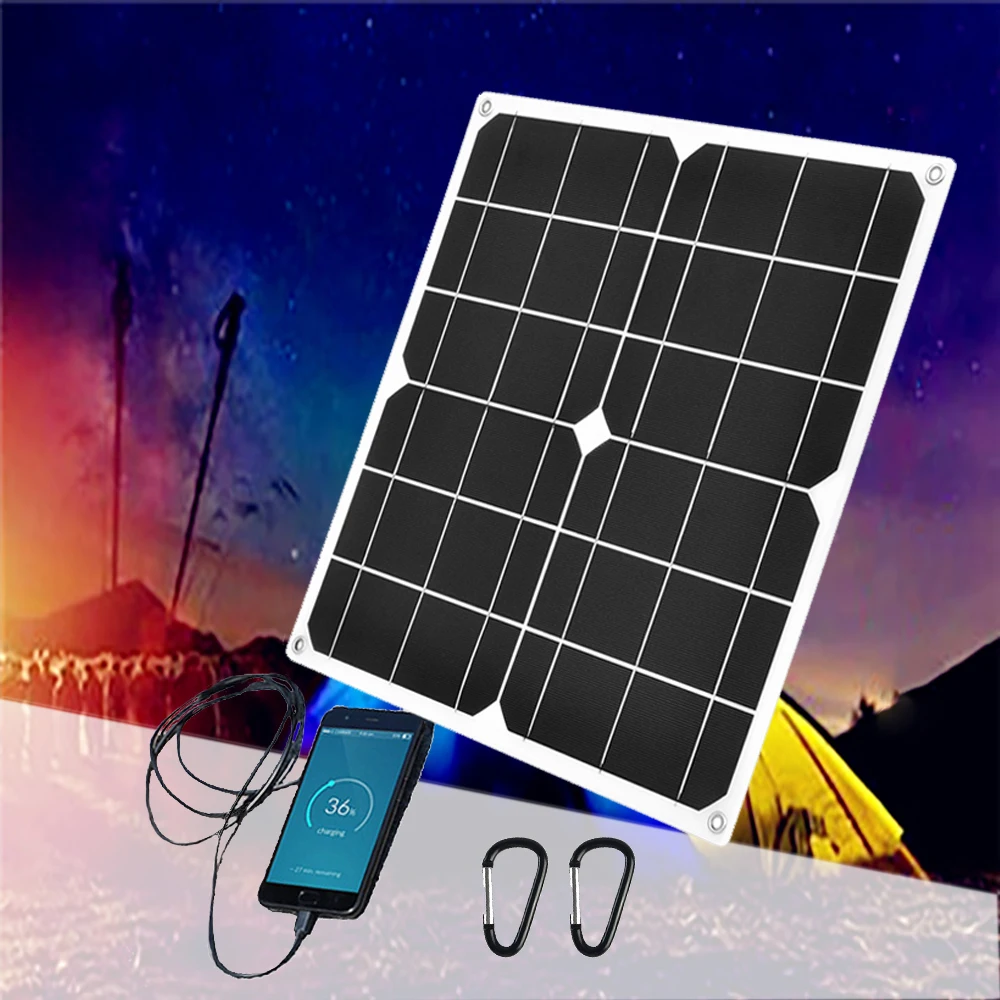 

flexible solar panel 6v 20w solar cell with carabiners 5v usb for mobile smart phone battery outdoor camping hiking waterproof