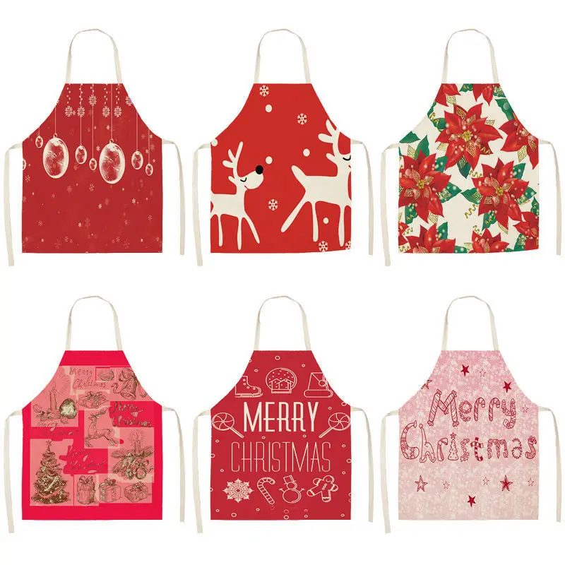 

1Pcs Red Christmas Apron Cotton Linen Pinafore Xmas Decor Pendant Adult Bibs 53*65cm Home Kitchen Cooking Accessories CM1005