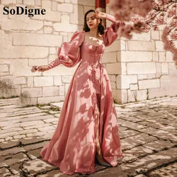 SoDigne Fashion Pink Prom Dresses Puff Sleeves High Slit Long Evening Dresses Sweetheart A-line Long Party Gowns 2021