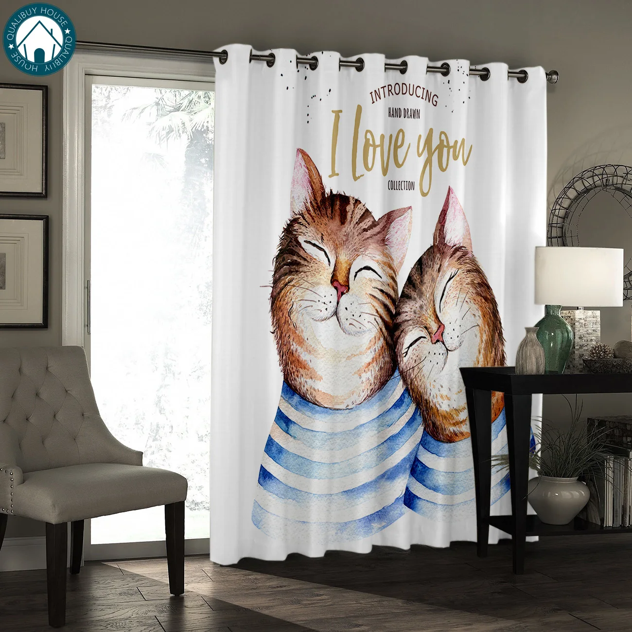 Lovers Cat, Мультяшные занавески, большие окна, занавески для гостиной, занавески для кухни, для внутреннего окна, высокие затемненные занавески