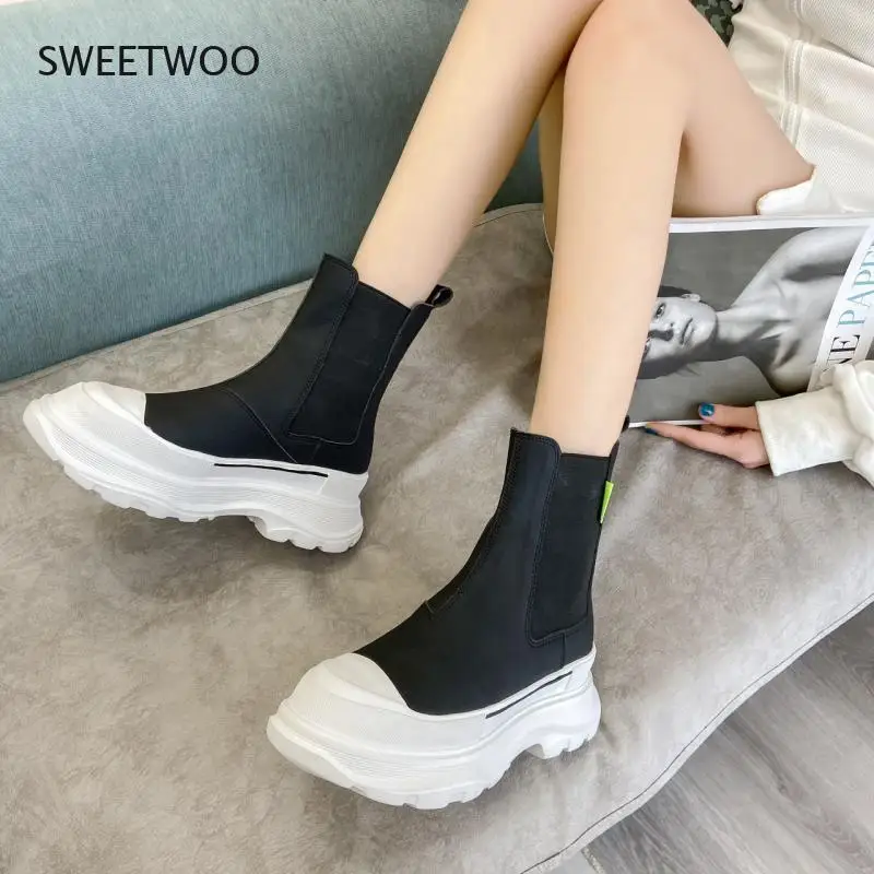 2021 Winter Ankle Boots For Women Platform Boots Chunky Black Leather Brand Fashion White Black Round Toe Boots Shoes Woman
