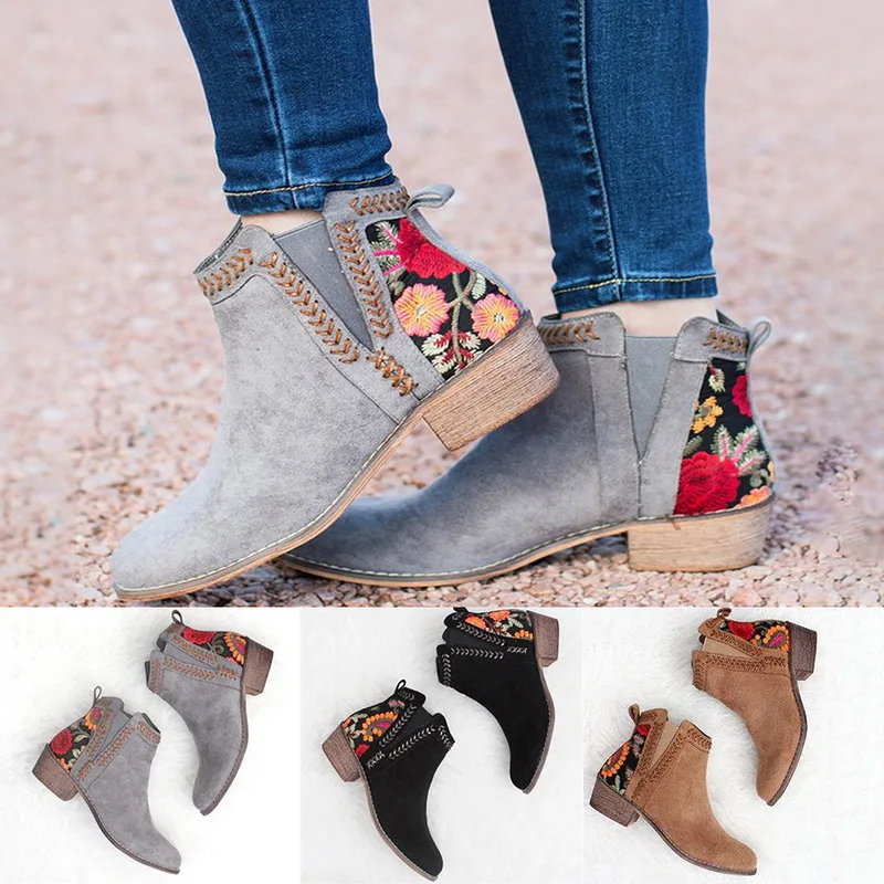 

LOOZYKIT Woman Pointed Toe Work & Safety Boots Women Shoes Embroidery Synthetic PU Square High Heels Autumn Shoes Ankle Boots