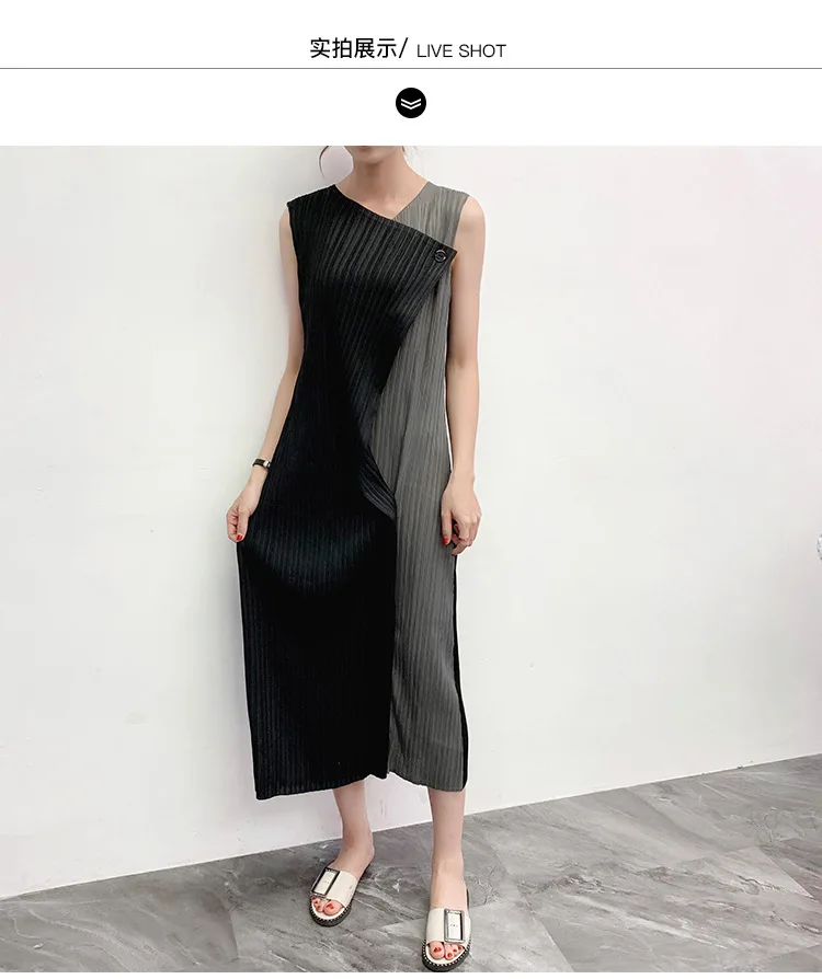 Женское платье большого размера,, эластичное, свободное, Miyake, плиссированное, нестандартный воротник, без рукавов, хитовый цвет, пэчворк, длина до середины икры, платье