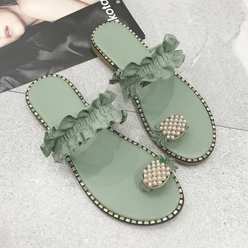 

Women Pineapple Pearl Sandals Hot Sell Flat Sandals Pearl Spilt Toe Slip On Flip Flops Beach Slides Casual Shoes Slippers 35-43