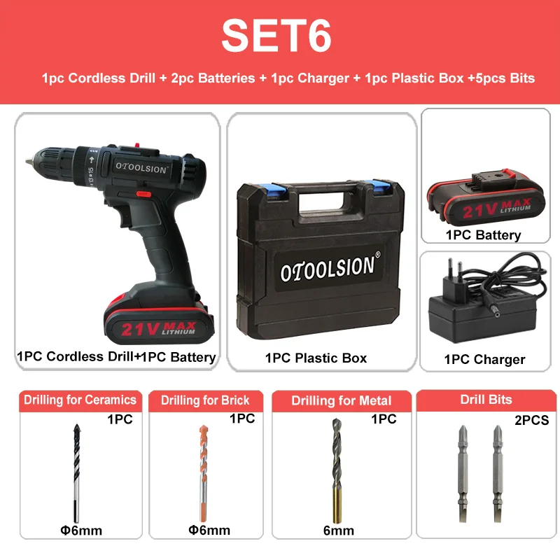 SET6 (2 pc battery) 12V 21V 2Speed Cordless Drill Cordless Screwdrivers Power Tool Set Drill Electric Screwdriver Electric Drill with Free Bits Part - Цвет: SET6 (2 pc battery)