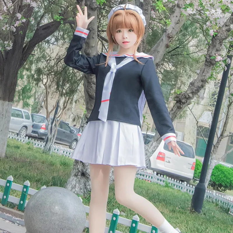 

Card Captor SAKURA Hot Anime Cosplay Costume Cos KINOMOTO SAKURA JK School Uniform Sailor Costume Cosplay Top+Skirt+Hat+Tie