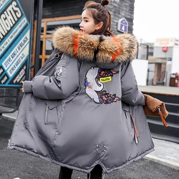 

2020 New Women Long Outwear Faux Fur Coat Autumn Winter with Hat Embroidered Warm Zipper Parkas3xl Plus Size