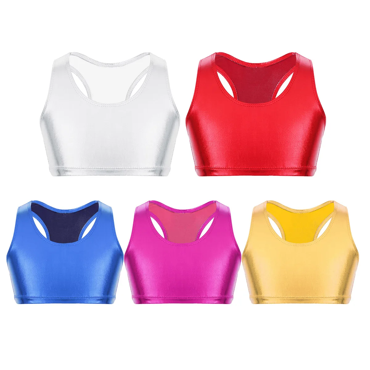 Meisjes Glanzend Metallic Tank Tops Kids Ballet Dans Gymnastiek Sport Crop Top Kinderen Mouwloze Stage Performance Kostuum