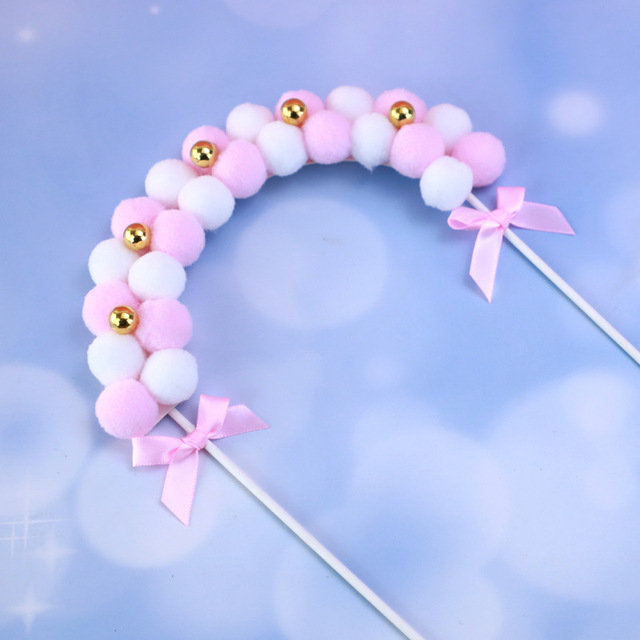 Pearl Bow Soft Pompom Cake Topper Flags Wedding Birthday Party Cake Decor Kids Baby Shower Favors Cupcake Topper Supplies