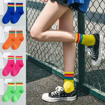 

Rainbow Socks Woman Cotton White Sock Women Colorful Striped Ladies Hiphop Style Fashion Harajuku Skateboard Sport