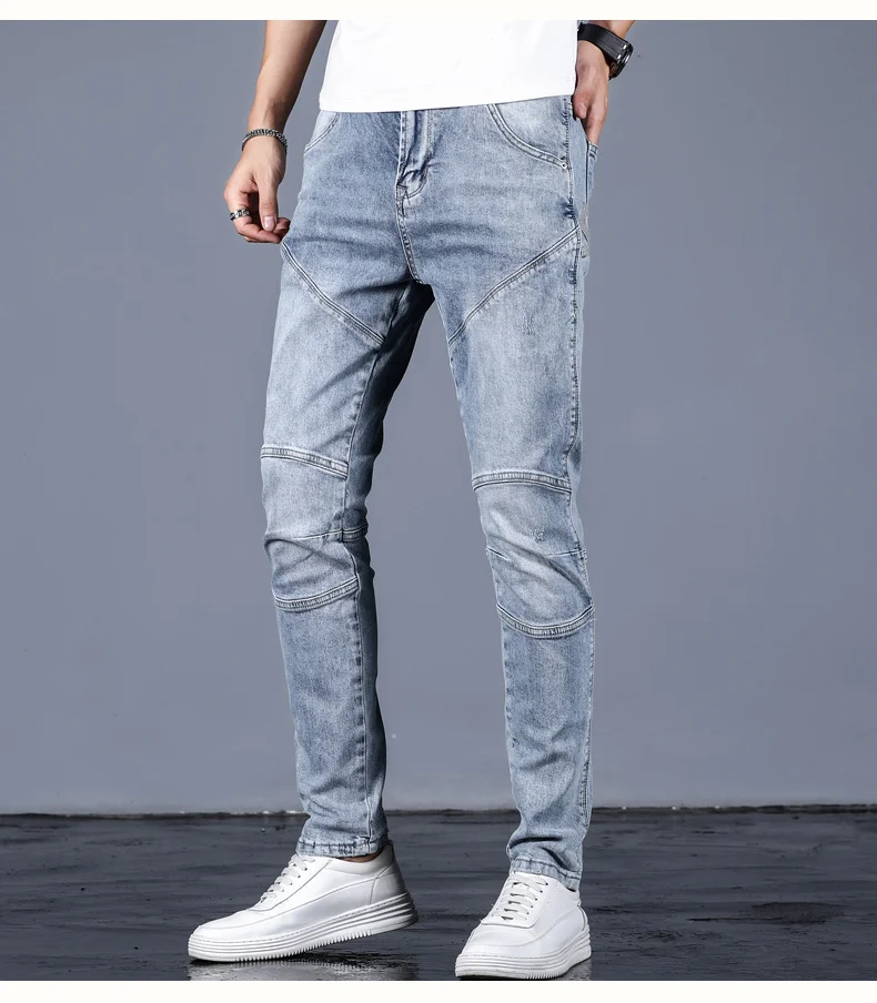 

Slim Men's Fit Biker Jeans Elastic Denim Casual Cargo Pants Patchwork Pleated Jeans size 28-38