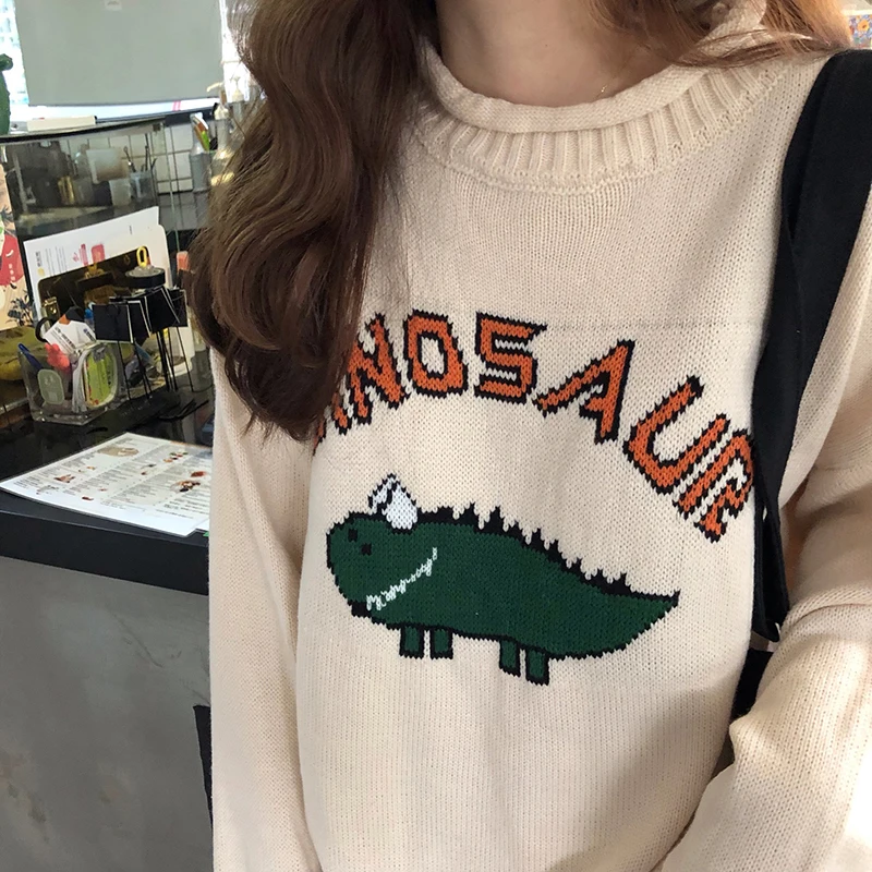 Harajuku модный вязаный женский свитер большого размера, милый мультяшный пуловер с динозаврами, свитер с длинным рукавом, свободный свитер, пальто