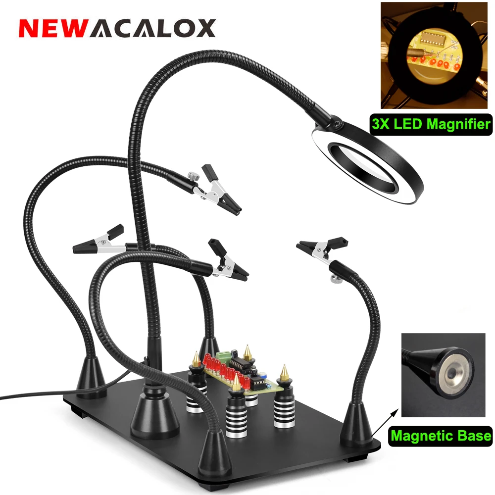 soldering stations NEWACALOX Helping Hands Third Hand Soldering Station for PCB Holder 4 Flexible Magnetic Arms with 3X LED Magnifier Welding Tool electric welding