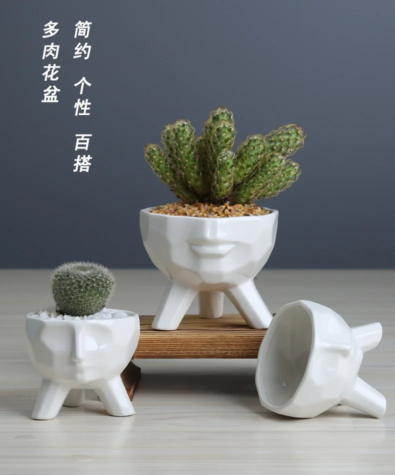 2020 Modern Ceramic Head Mini Cactus Pots Flower Pot For Succulents Planter Triangle Bracket Container Home Garden Decoration Aliexpress