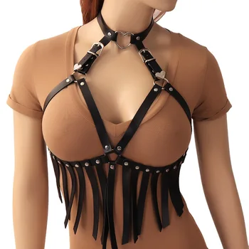 

Leather Harness Cage Bra Tassel Crop Tops Fetish Harajuku Gothic Strap Adjust Hollow Out Body Cage Dance Cosplay Rave Lingerie