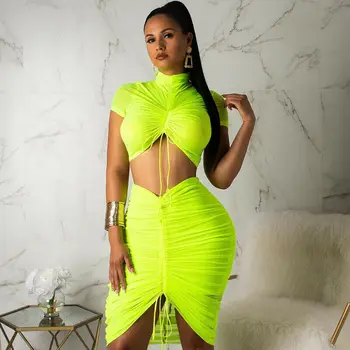 

2PCS Set Women Short Sleeve T Shirt Perspective Top Skirts Summer Two Piece Set Outfits Clubwear Playsuit Women Bodycon Party